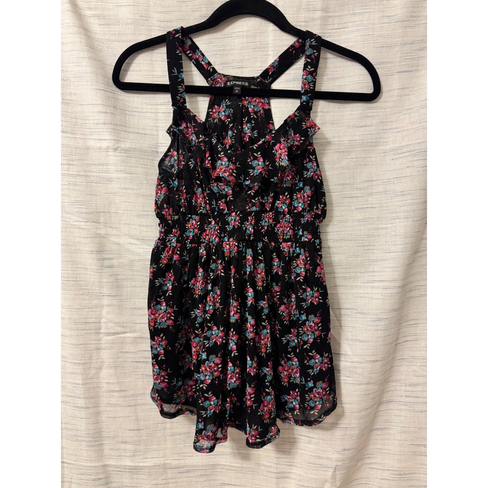 Express Floral Mesh Ruffle Smocked Waist Racerback Tank Top Black XS